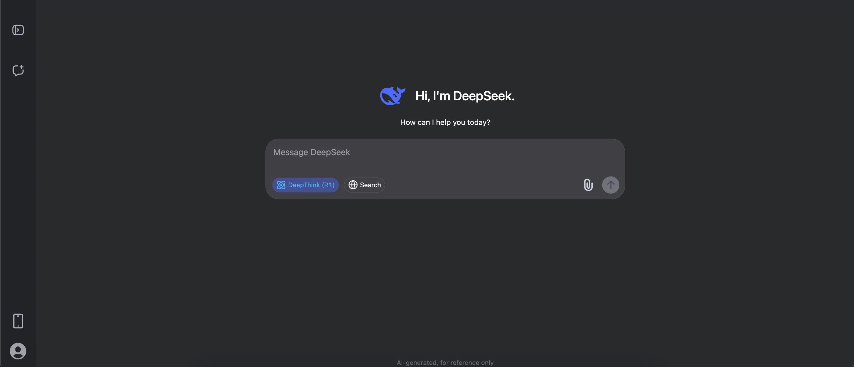 Giao diện DeepSeek AI hiển thị mô hình DeepSeek-R1 miễn phí, minh họa khả năng truy cập không giới hạn tính năng cao cấp của chatbot AI.