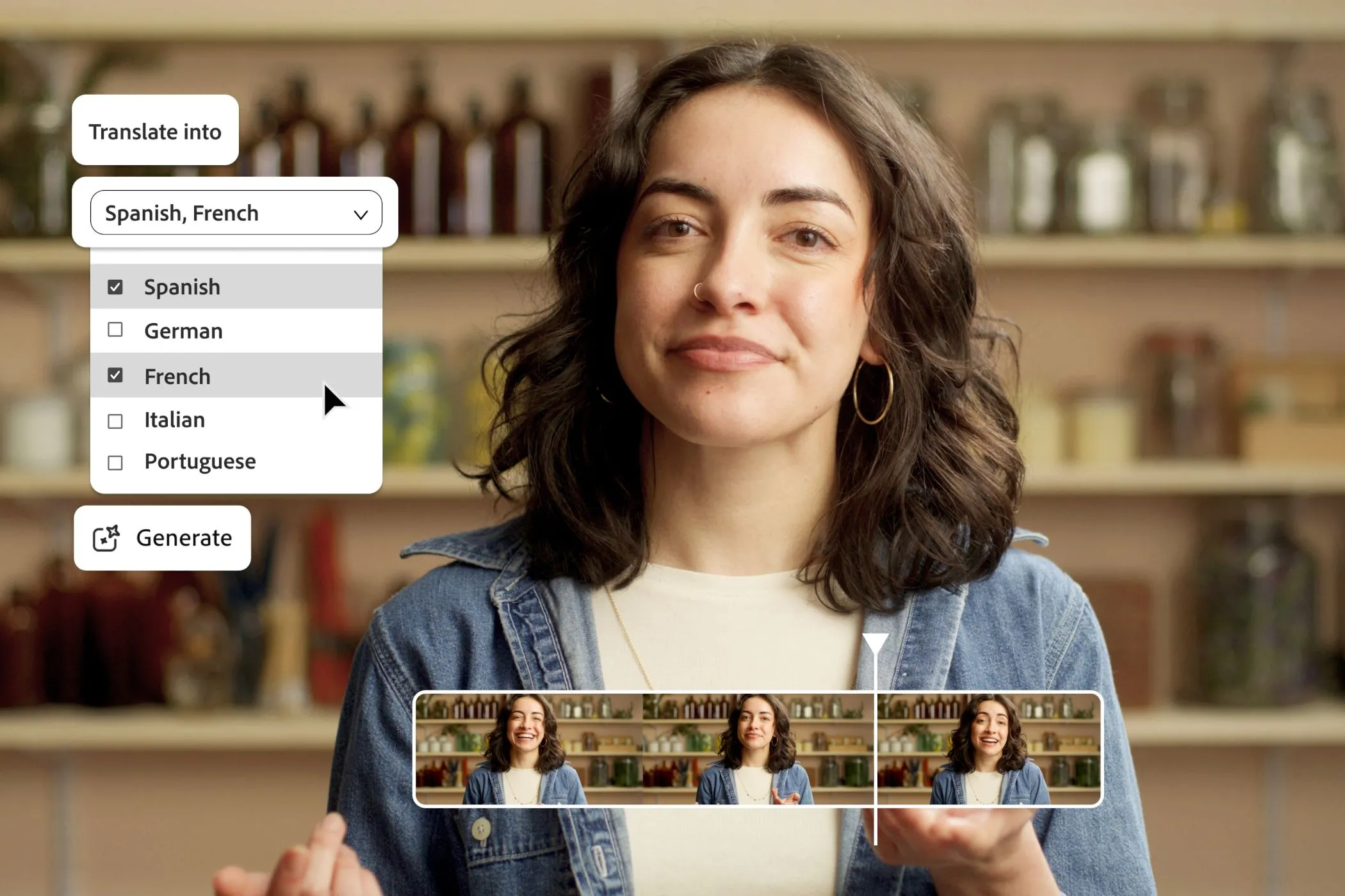 Giao diện dịch video AI của Adobe Firefly, cho phép dịch nội dung nói và giữ nguyên giọng điệu