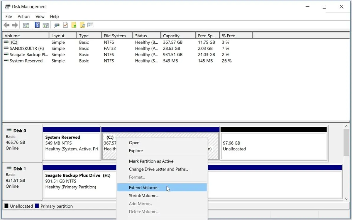 Giao diện Disk Management (Quản lý Đĩa) trong Windows