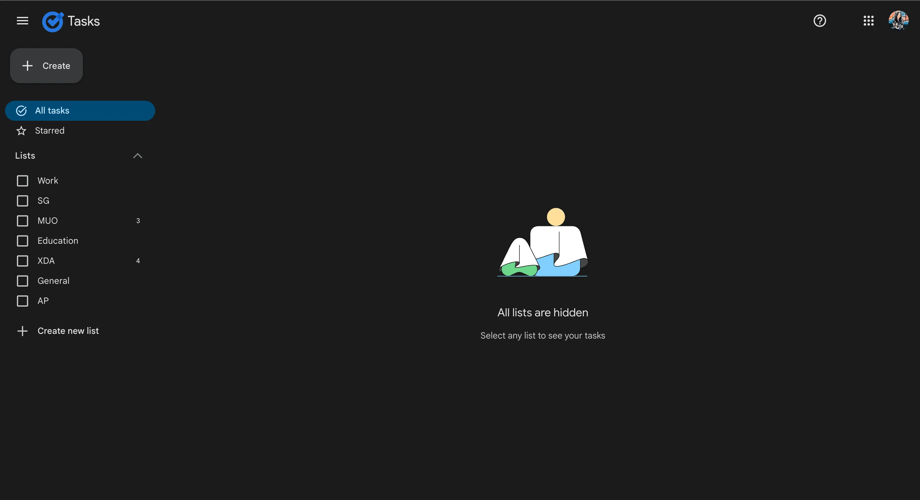 Giao diện đơn giản và gọn gàng của Google Tasks hiển thị các danh sách tác vụ.