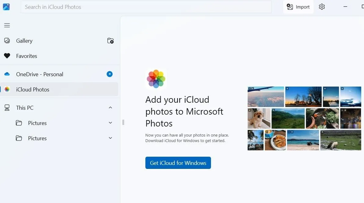 Giao diện đồng bộ ảnh iCloud và OneDrive trong ứng dụng Ảnh trên Windows 11