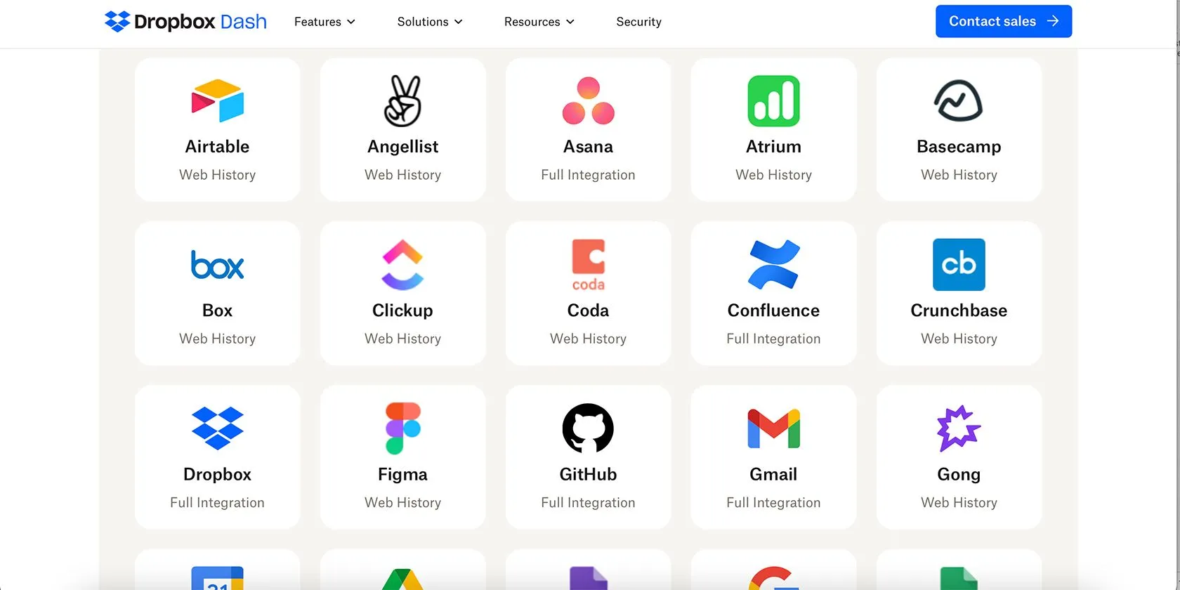 Giao diện Dropbox Dash hiển thị các ứng dụng có thể kết nối để mở rộng khả năng tìm kiếm