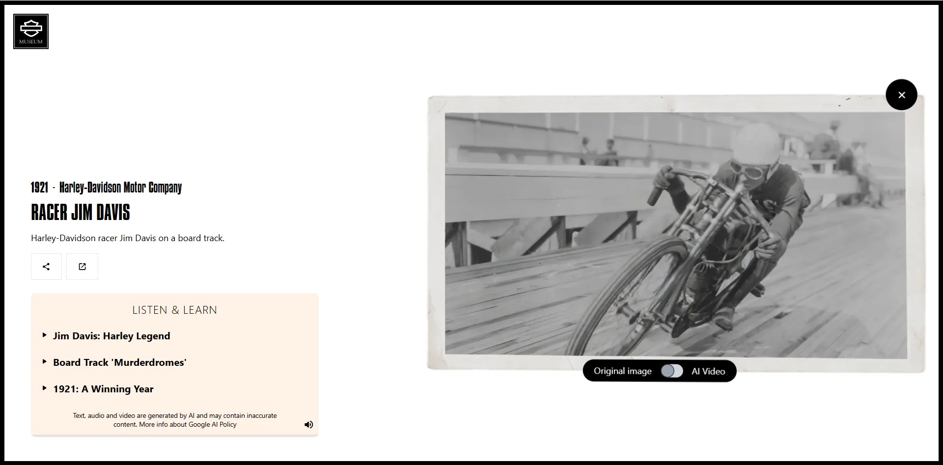 Giao diện dự án Moving Archives của Google Arts & Culture và Harley-Davidson, thể hiện ảnh tĩnh được làm sống động bằng AI