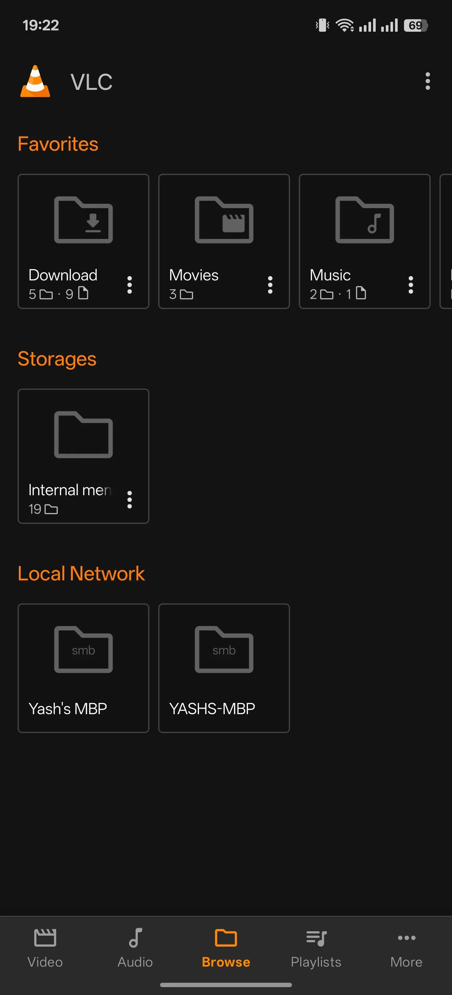 Giao diện duyệt file trong ứng dụng VLC Media Player dành cho Android.