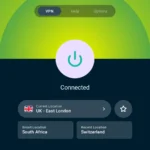 Giao diện ExpressVPN đang kết nối hiển thị trên màn hình TV, minh họa tính năng VPN bảo vệ dữ liệu khi dùng Wi-Fi công cộng.