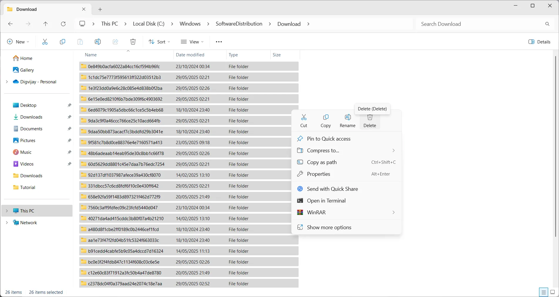 Giao diện File Explorer cho thấy thư mục SoftwareDistribution trên Windows, nơi lưu trữ các tệp cập nhật đã tải về