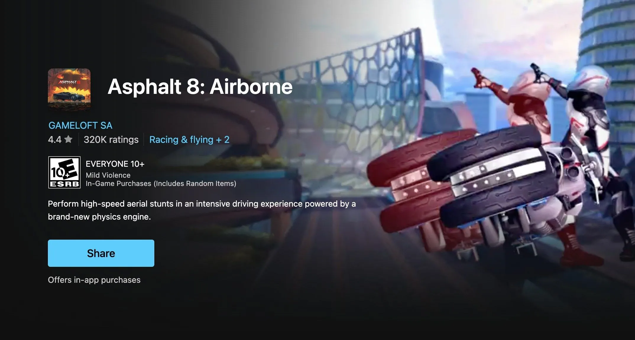 Giao diện game Asphalt 8: Airborne trên Microsoft Store, một trong những ứng dụng có thể gây xung đột với Windows 11 24H2