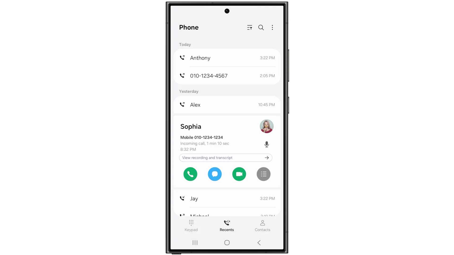 Giao diện ghi âm cuộc gọi với bản chép lời (call transcript) trong One UI 7, mang lại tiện ích quản lý thông tin cuộc hội thoại cho người dùng Samsung