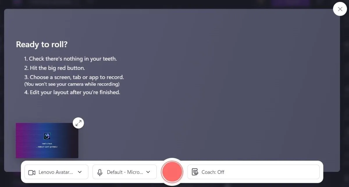 Giao diện ghi màn hình và webcam đồng thời trên Clipchamp, lý tưởng cho các video hướng dẫn và thuyết trình.