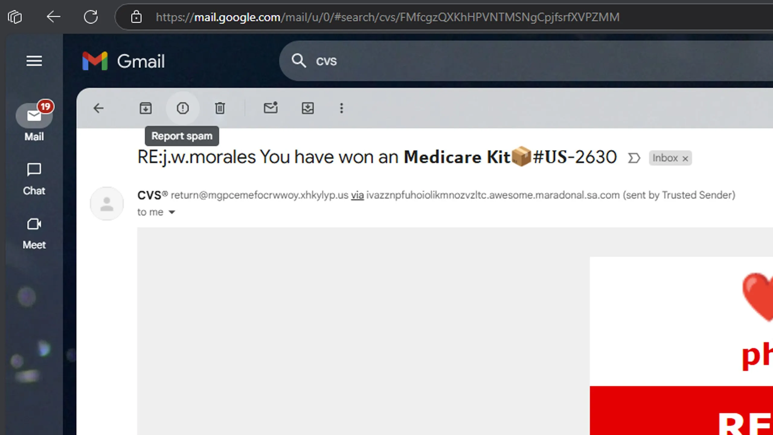 Giao diện Gmail hiển thị cách báo cáo email lừa đảo bằng nút Báo cáo spam