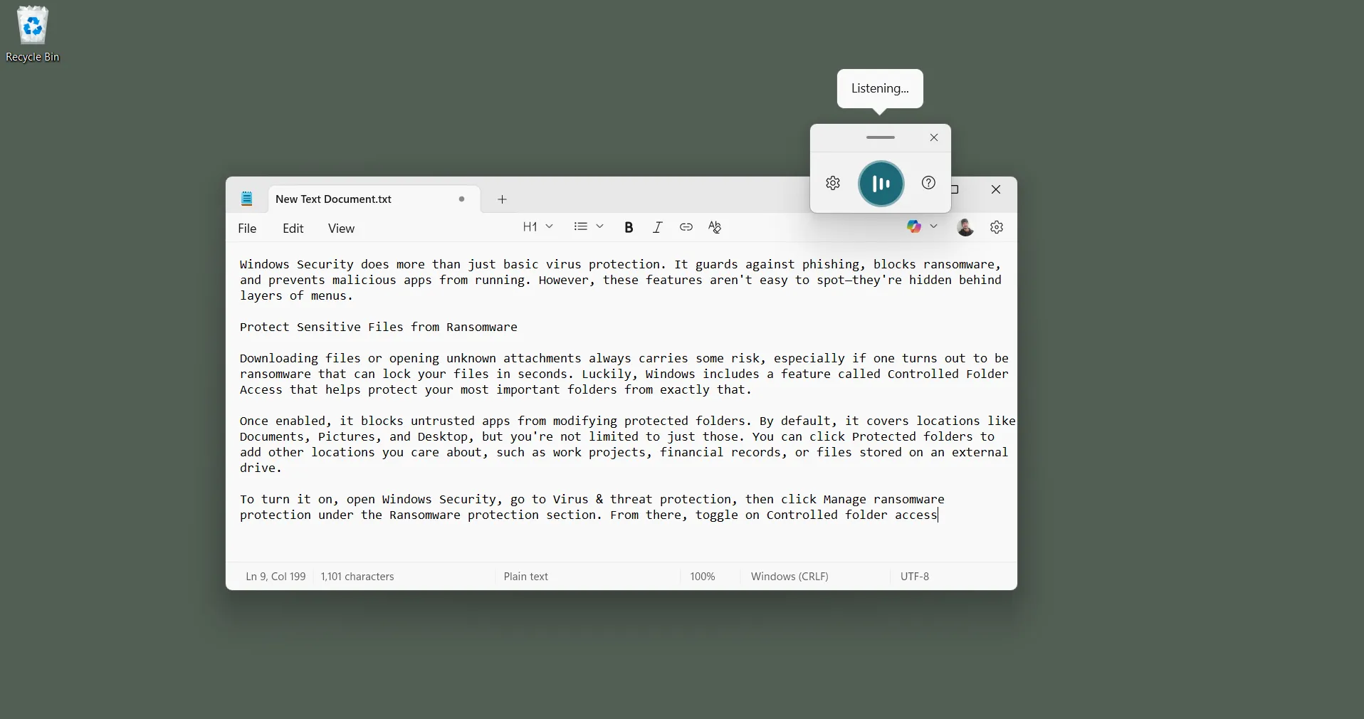 Giao diện gõ bằng giọng nói (Voice Typing) trên Windows khi đang soạn thảo văn bản