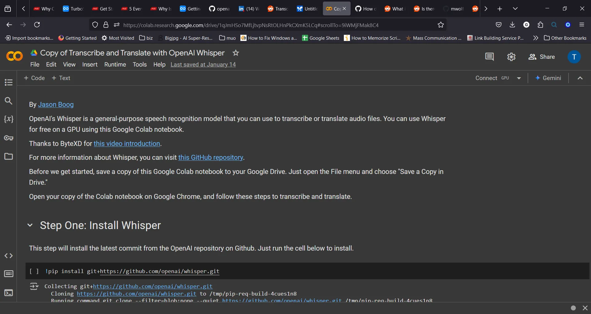 Giao diện Google Colab minh họa cách sử dụng OpenAI Whisper để chuyển đổi âm thanh thành văn bản trực tuyến.