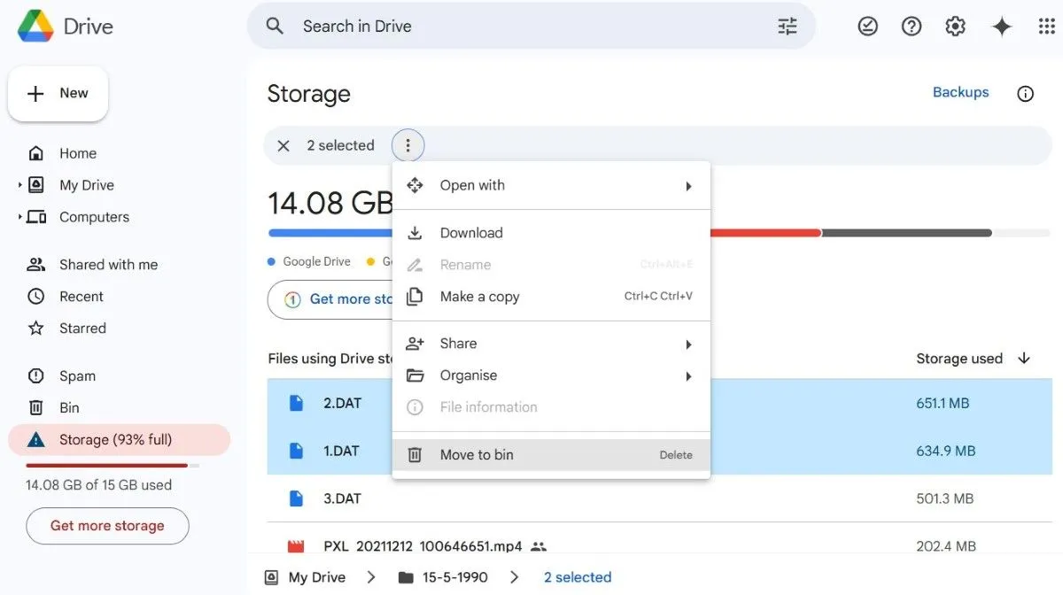 Giao diện Google Drive hiển thị các tệp lớn nhất được sắp xếp theo kích thước