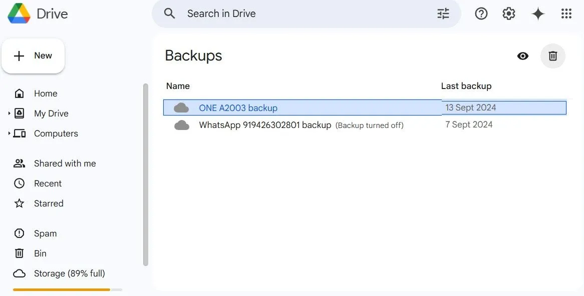 Giao diện Google Drive hiển thị danh sách các bản sao lưu điện thoại và tùy chọn xóa
