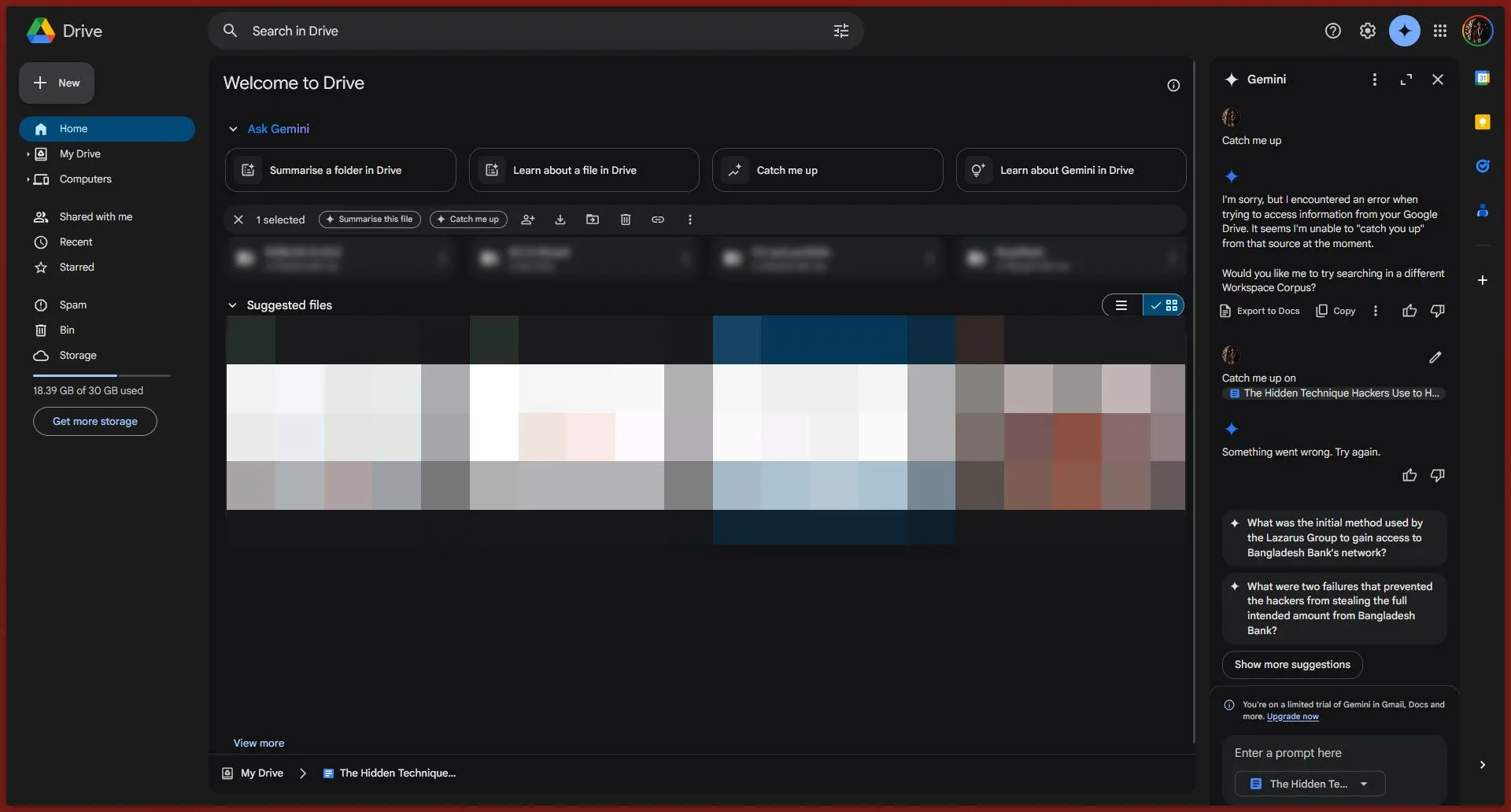 Giao diện Google Drive với biểu tượng Gemini mới kích hoạt tính năng Catch me up