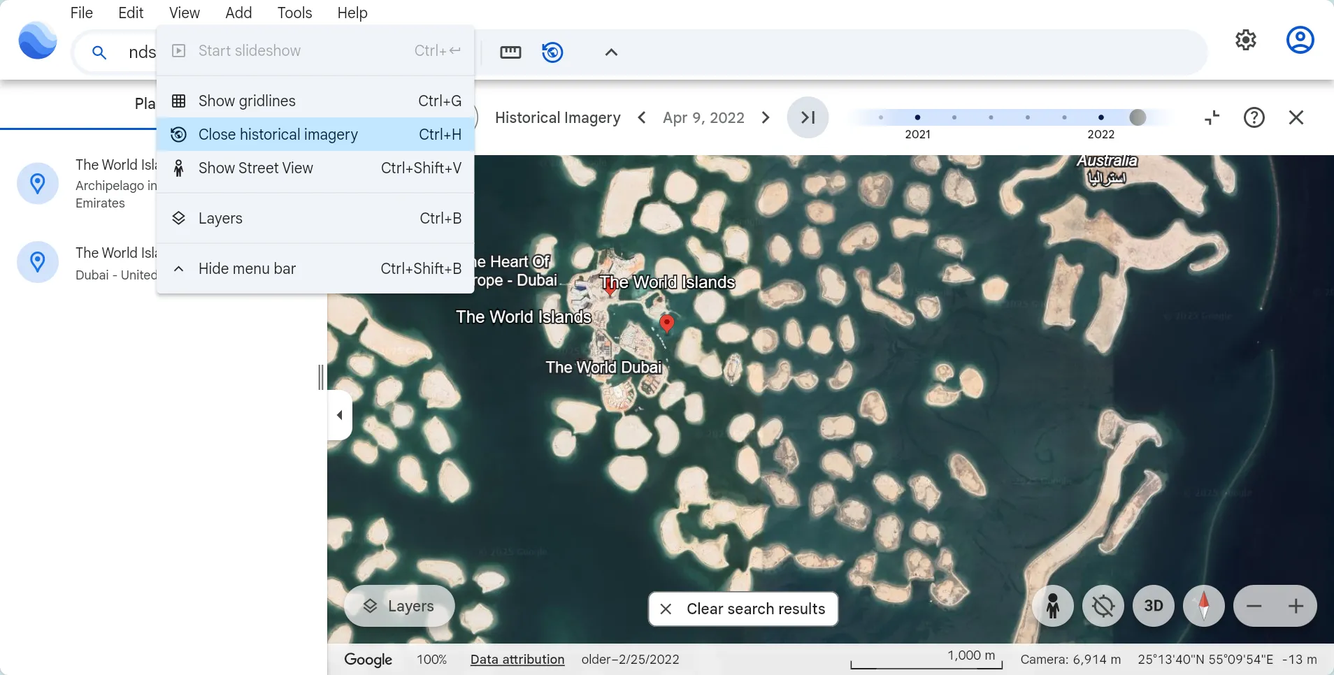 Giao diện Google Earth hiển thị tính năng Street View lịch sử, cho phép xem các thay đổi của địa điểm theo thời gian.
