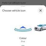 Giao diện Google Maps hiển thị các tùy chọn biểu tượng xe hơi mới đa dạng màu sắc và kiểu dáng, cho phép người dùng cá nhân hóa phương tiện của mình trên bản đồ.