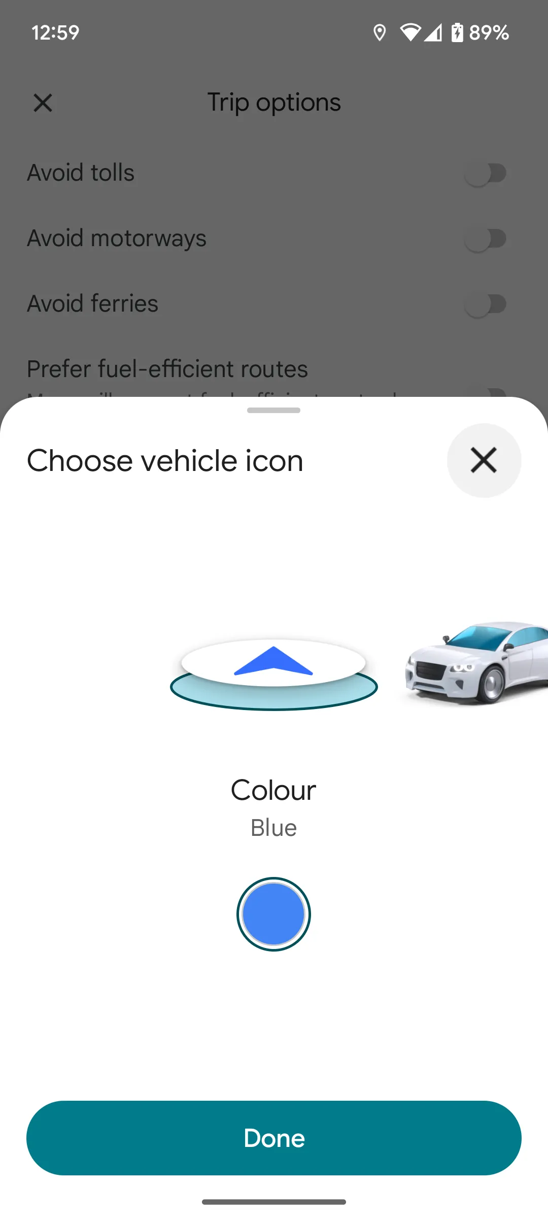 Giao diện Google Maps hiển thị các tùy chọn biểu tượng xe hơi mới đa dạng màu sắc và kiểu dáng, cho phép người dùng cá nhân hóa phương tiện của mình trên bản đồ.
