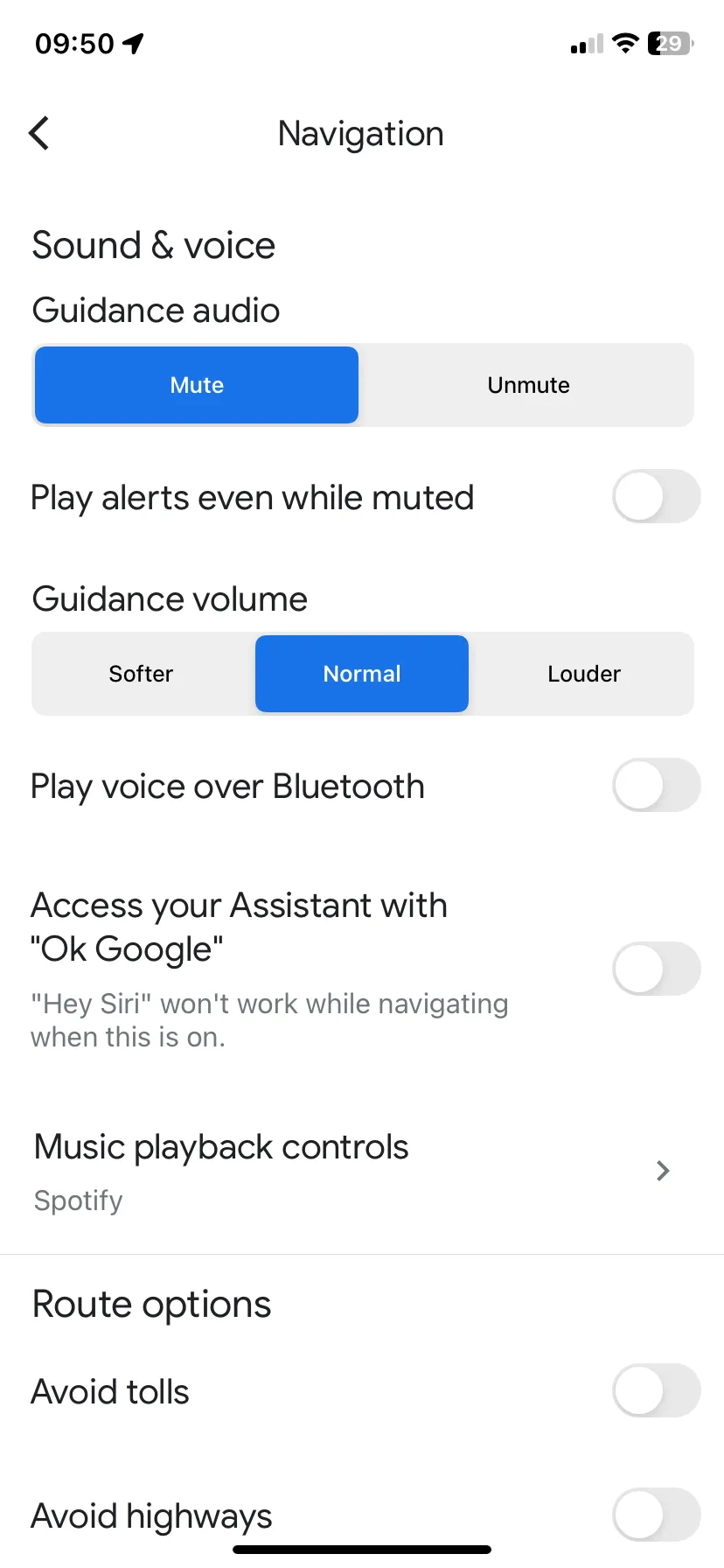 Giao diện Google Maps trên iOS, hiển thị cửa sổ cài đặt Điều hướng để bật điều khiển phát nhạc.
