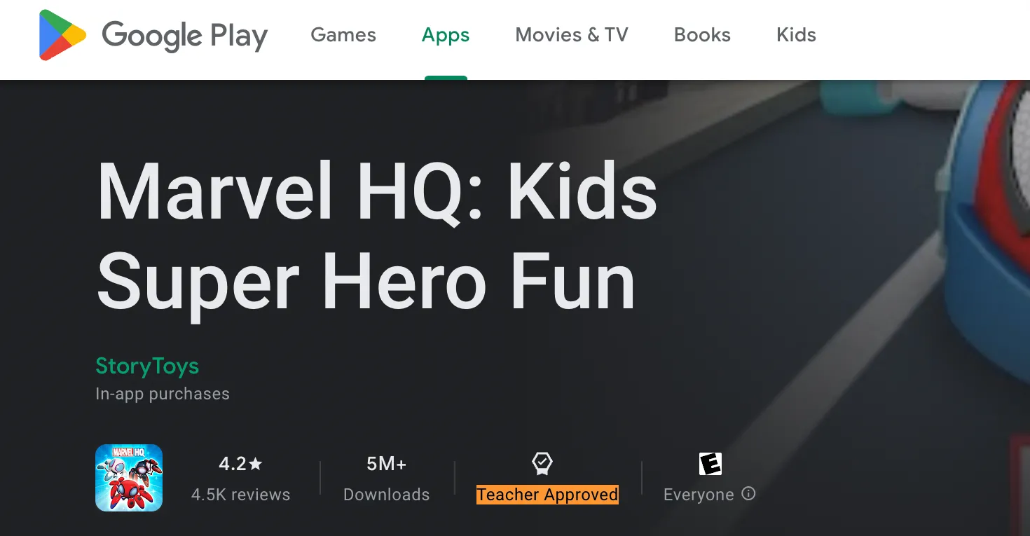 Giao diện Google Play Store hiển thị ứng dụng Marvel HQ: Super Hero Fun với nhãn &quot;Teacher Approved&quot; dành cho trẻ em trên Galaxy Watch.
