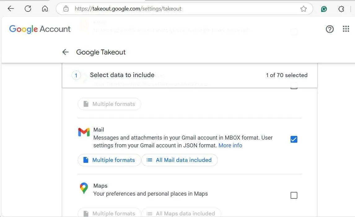 Giao diện Google Takeout với tùy chọn Mail (Thư) đã được chọn để xuất dữ liệu Gmail.