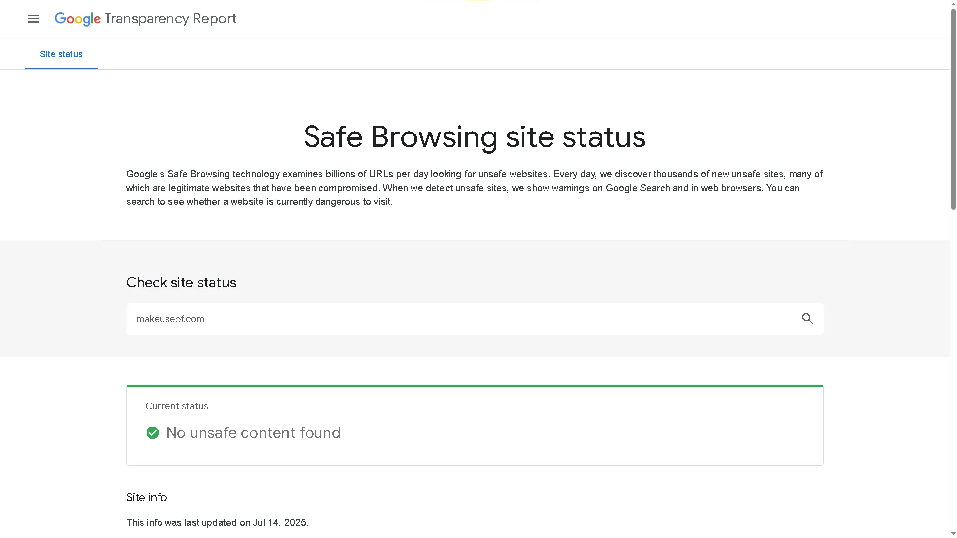 Giao diện Google Transparency Report đang kiểm tra độ an toàn của một trang web.