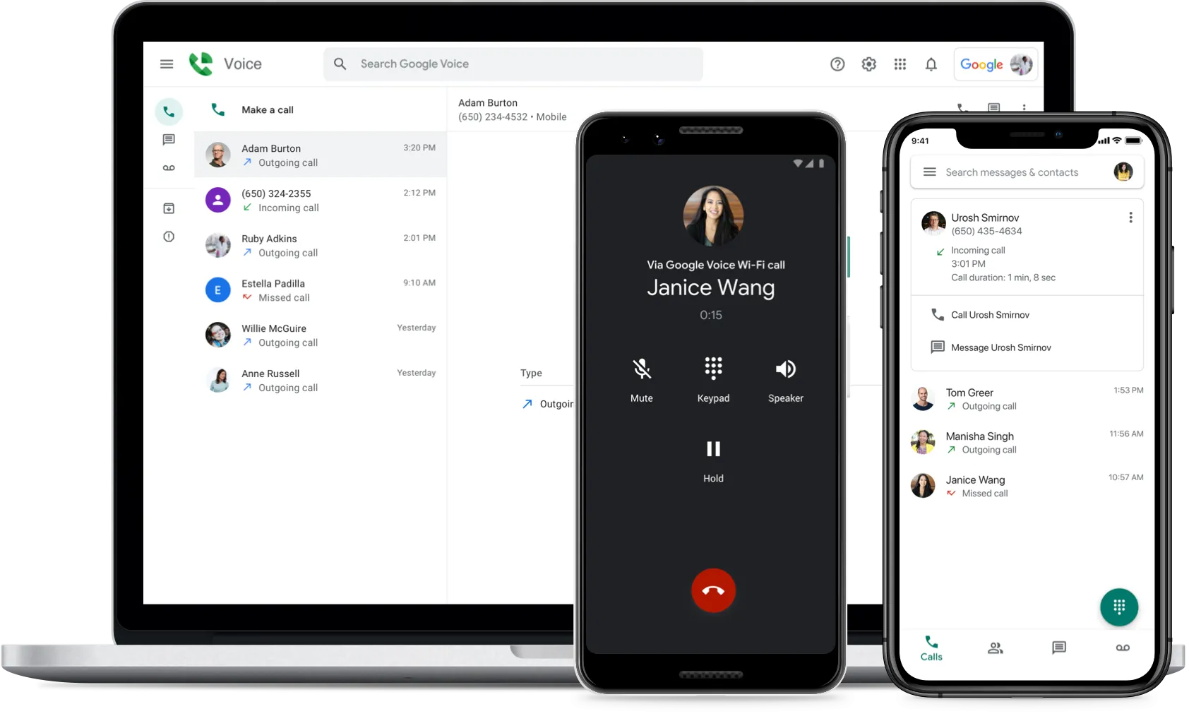 Giao diện Google Voice trên nhiều thiết bị hiển thị tính năng gọi điện quốc tế