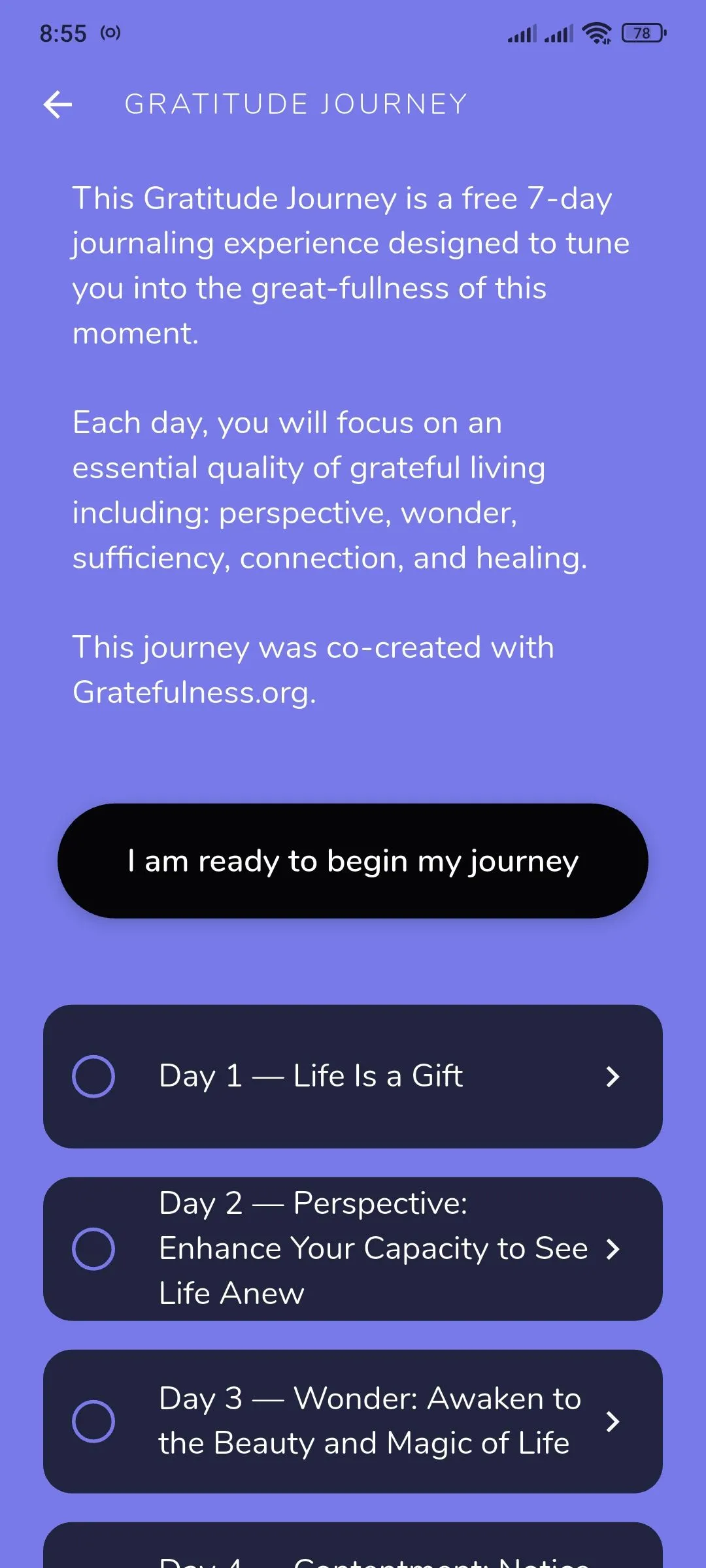 Giao diện hành trình biết ơn 7 ngày của Reflection.app, minh họa tính năng nhật ký dẫn dắt để tự phản tư sâu sắc.