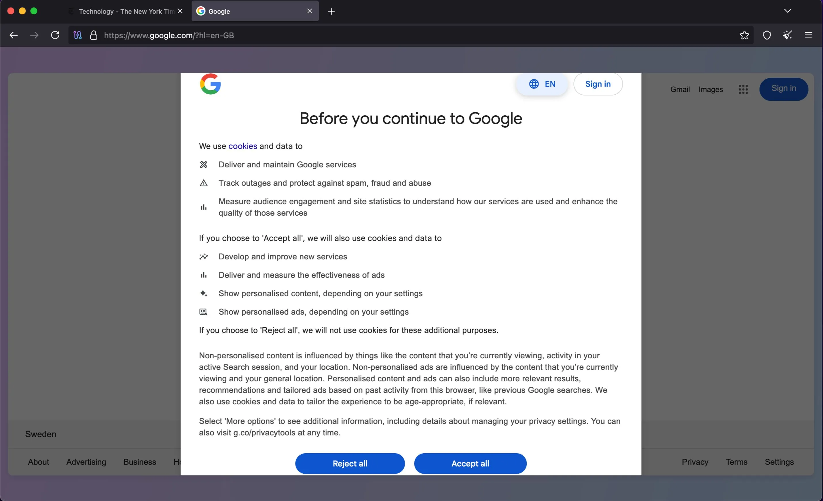 Giao diện hiển thị biểu ngữ đồng ý cookie của Google khi truy cập bằng Tor Browser, thể hiện khả năng chặn theo dõi mạnh mẽ.