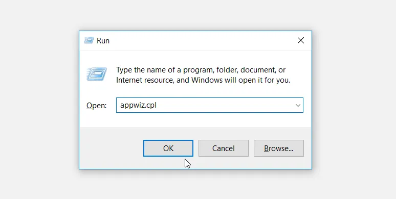 Giao diện hộp thoại Run với lệnh appwiz.cpl để mở Chương trình và Tính năng trên Windows