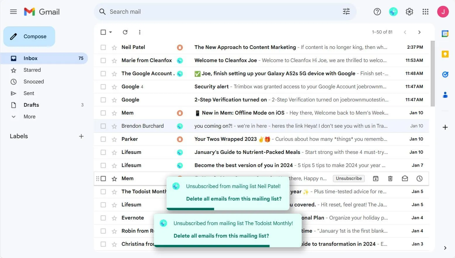 Giao diện hộp thư đến của Gmail với các tùy chọn quản lý email như hủy đăng ký và xóa tiện lợi.