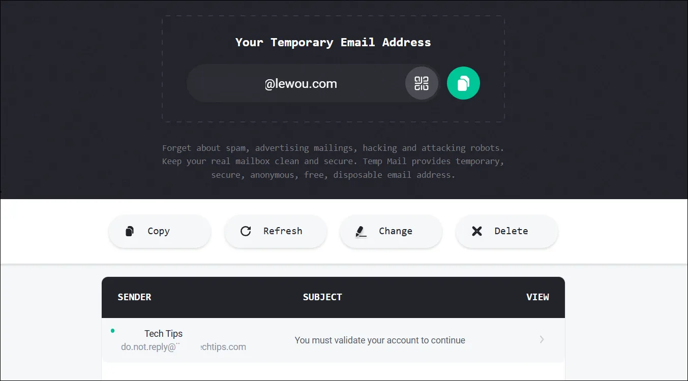 Giao diện hộp thư Temp-Mail hiển thị tin nhắn xác minh tài khoản tạm thời