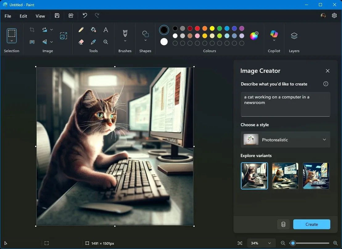 Giao diện Image Creator trong Microsoft Paint cho phép tạo ảnh từ mô tả văn bản