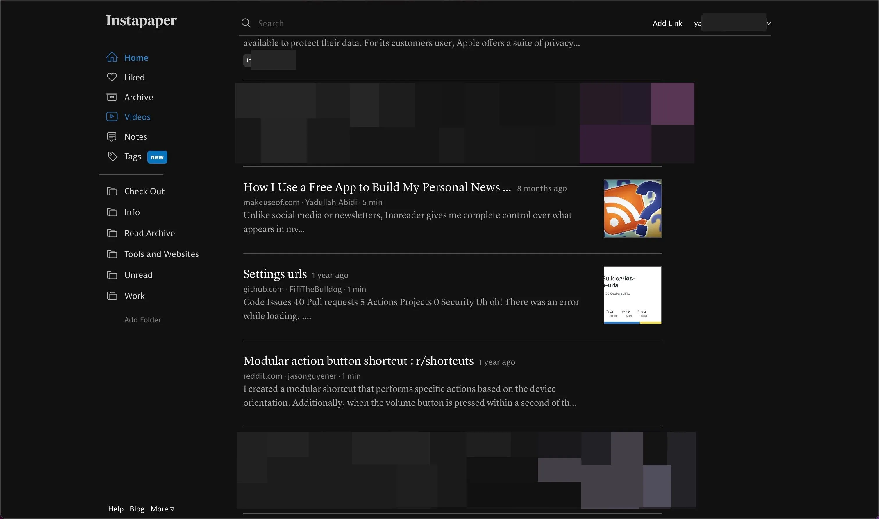 Giao diện Instapaper trên trình duyệt Safari trên máy Mac, hiển thị danh sách các bài viết đã lưu.