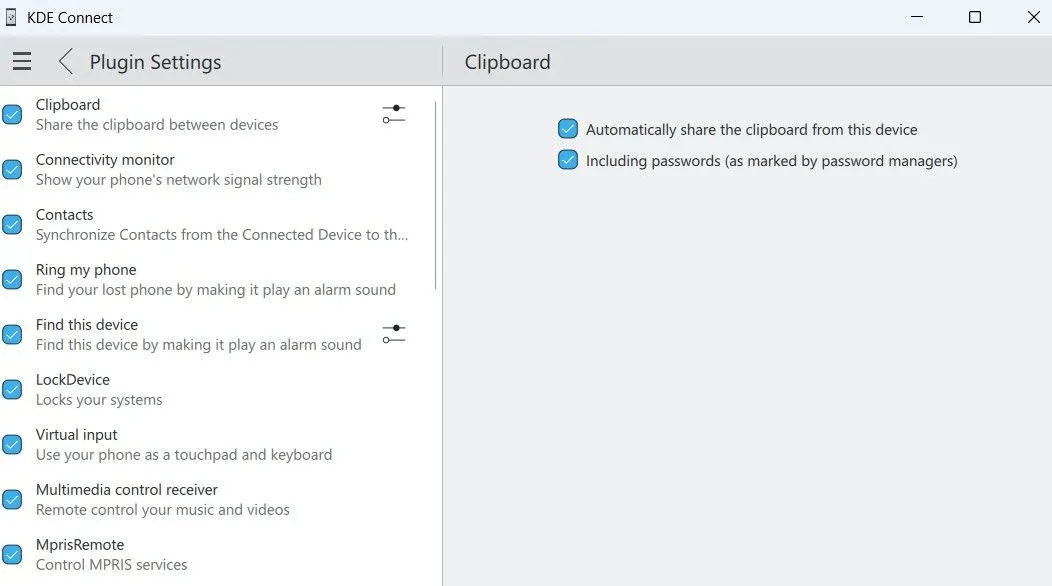 Giao diện KDE Connect trên Windows hiển thị cài đặt đồng bộ clipboard