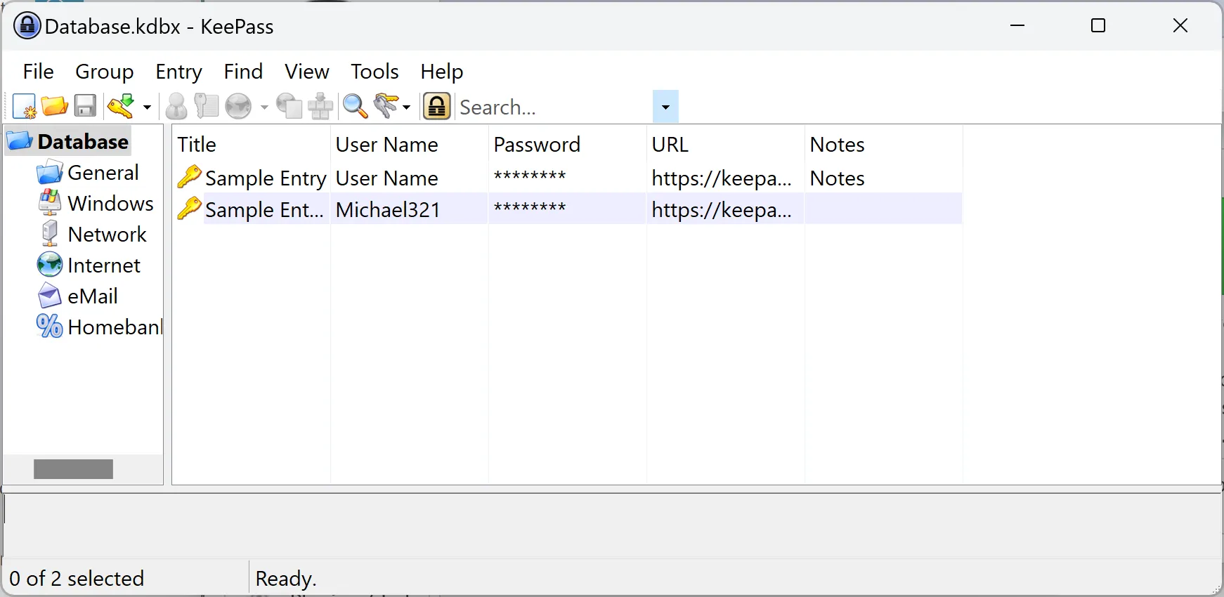 Giao diện KeePass lưu trữ và quản lý mật khẩu mẫu trên Windows