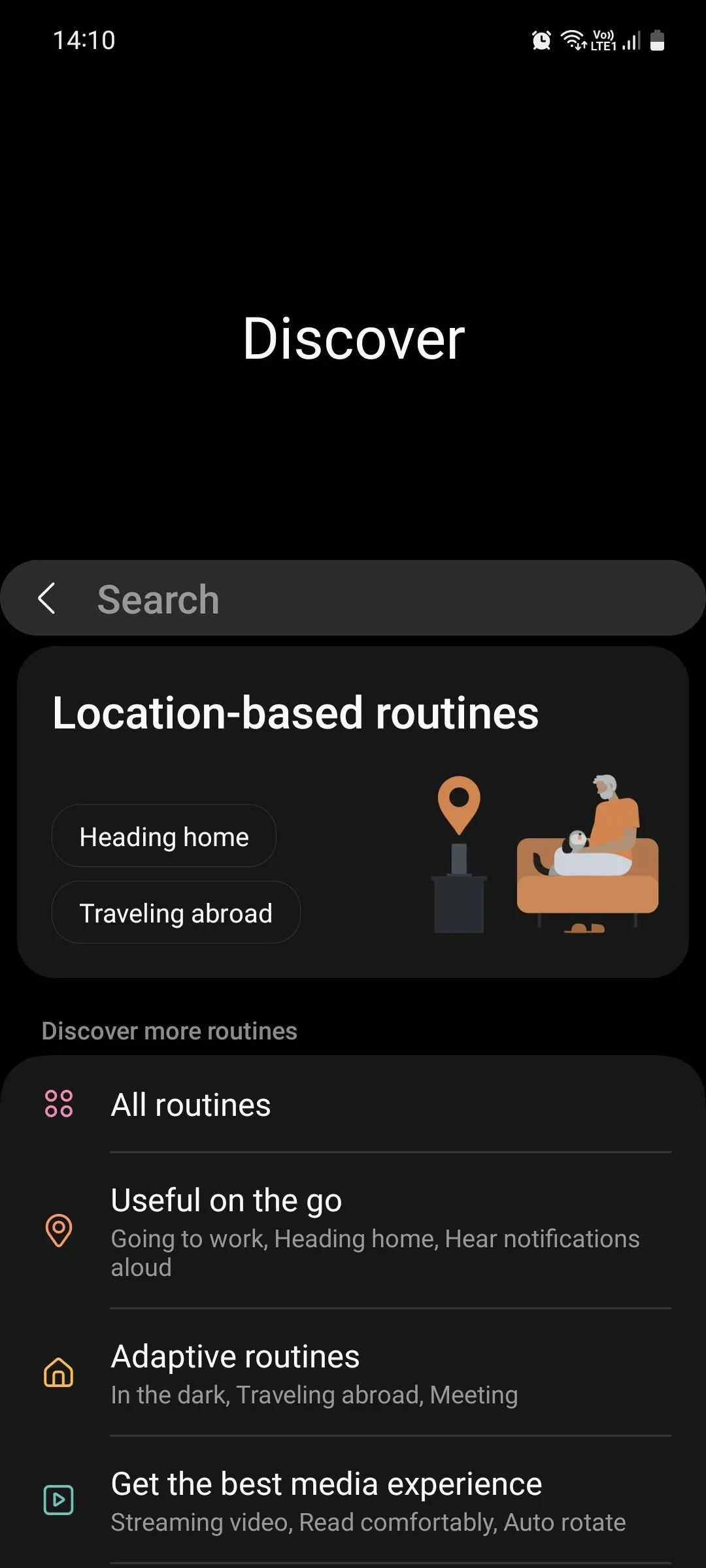 Giao diện Khám phá (Discover) trong tính năng Samsung Modes and Routines, hiển thị các chế độ tự động hóa gợi ý cho người dùng điện thoại Samsung.
