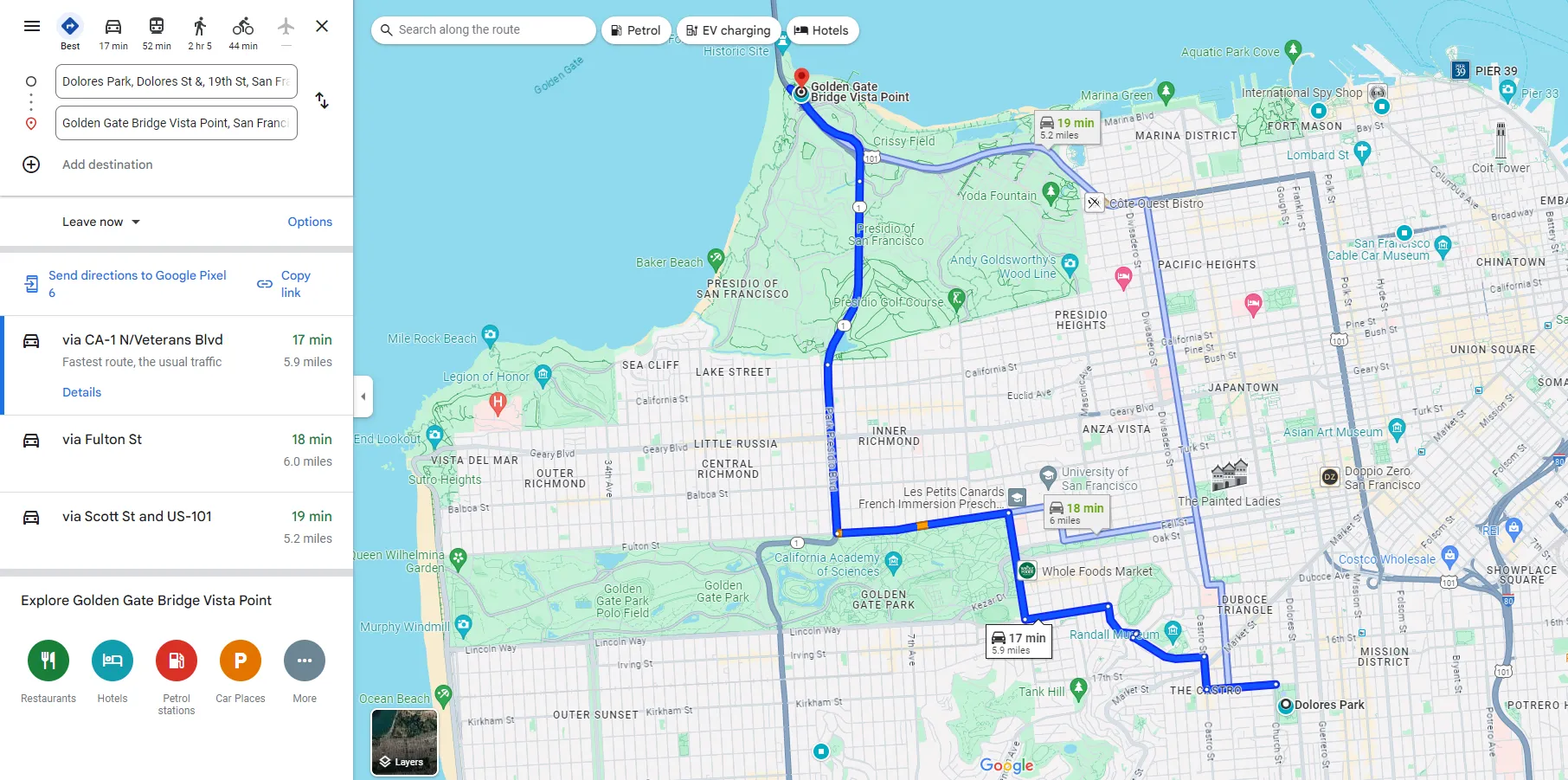 Giao diện lập kế hoạch lộ trình từ điểm A đến điểm B trên Google Maps, hiển thị các lựa chọn di chuyển.