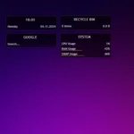 Giao diện mặc định Rainmeter với skin Illustro hiển thị đồng hồ và thông tin hệ thống.