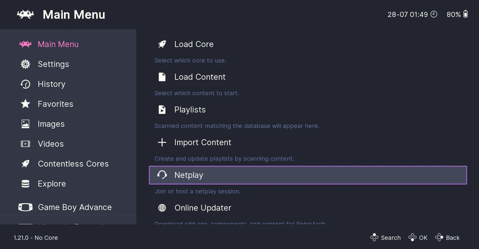 Giao diện menu chính của RetroArch hiển thị các tùy chọn như Load Core và Load Content
