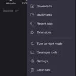 Giao diện menu chính của trình duyệt Kiwi Browser trên điện thoại Android, hiển thị các tùy chọn cài đặt.