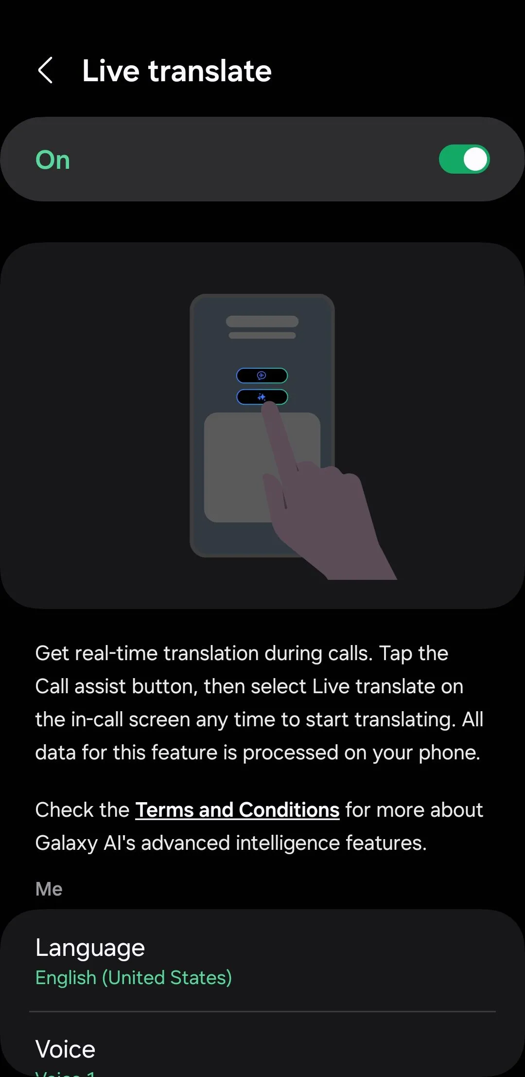 Giao diện menu dịch thuật trực tiếp (Live Translate) trong ứng dụng Điện thoại Samsung