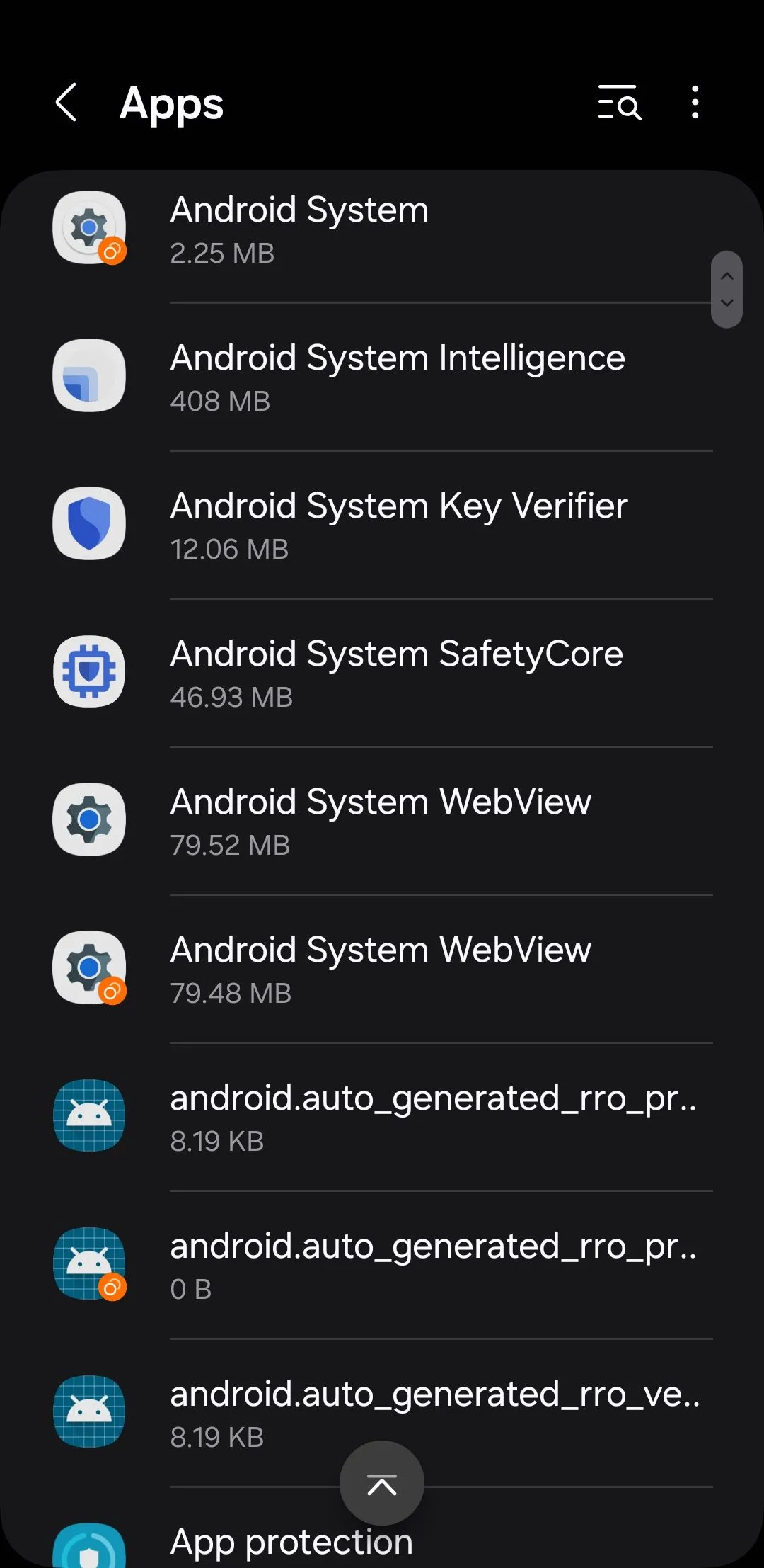 Giao diện menu Ứng dụng (Apps) trên điện thoại Android, bước đầu để truy cập và quản lý SafetyCore.