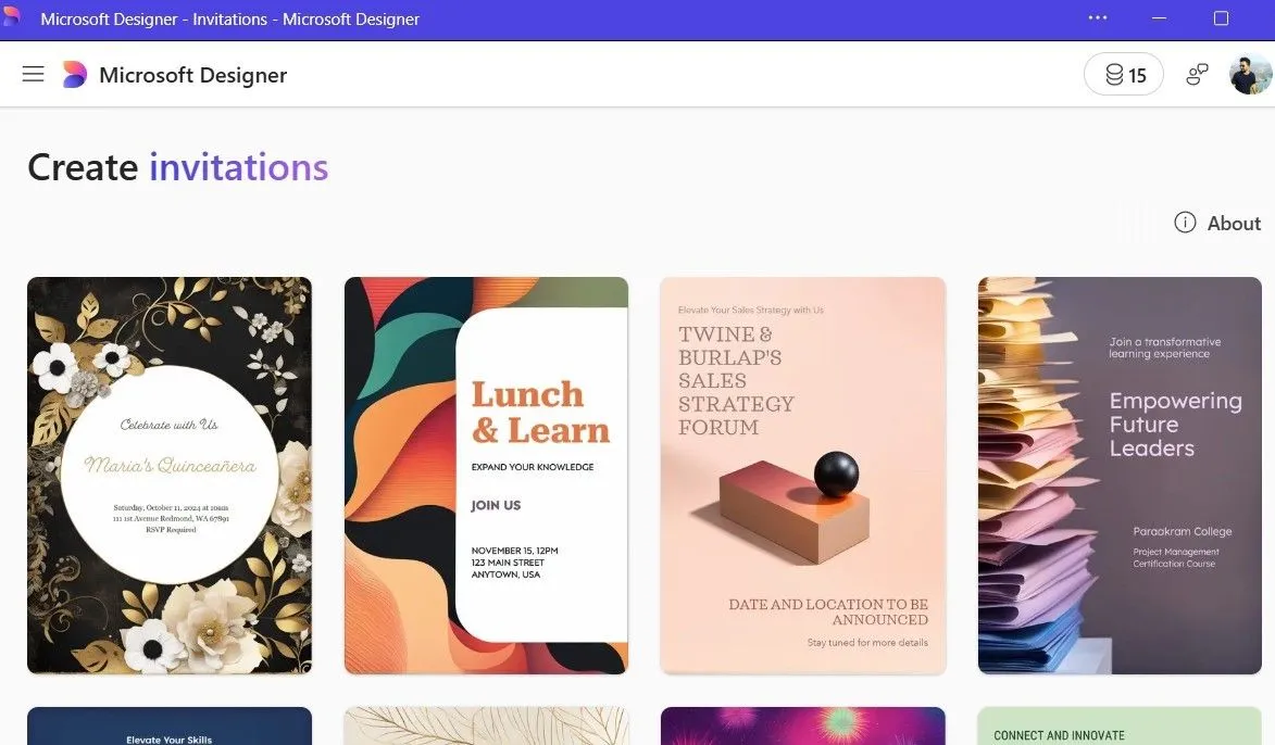 Giao diện Microsoft Designer hiển thị các mẫu thiệp mời sẵn có để tùy chỉnh nhanh chóng