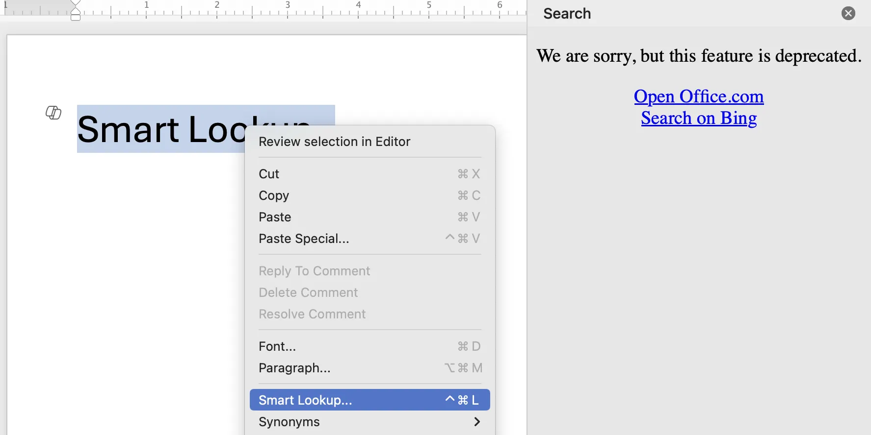 Giao diện Microsoft Word hiển thị menu chuột phải với tùy chọn Smart Lookup đã bị vô hiệu hóa.