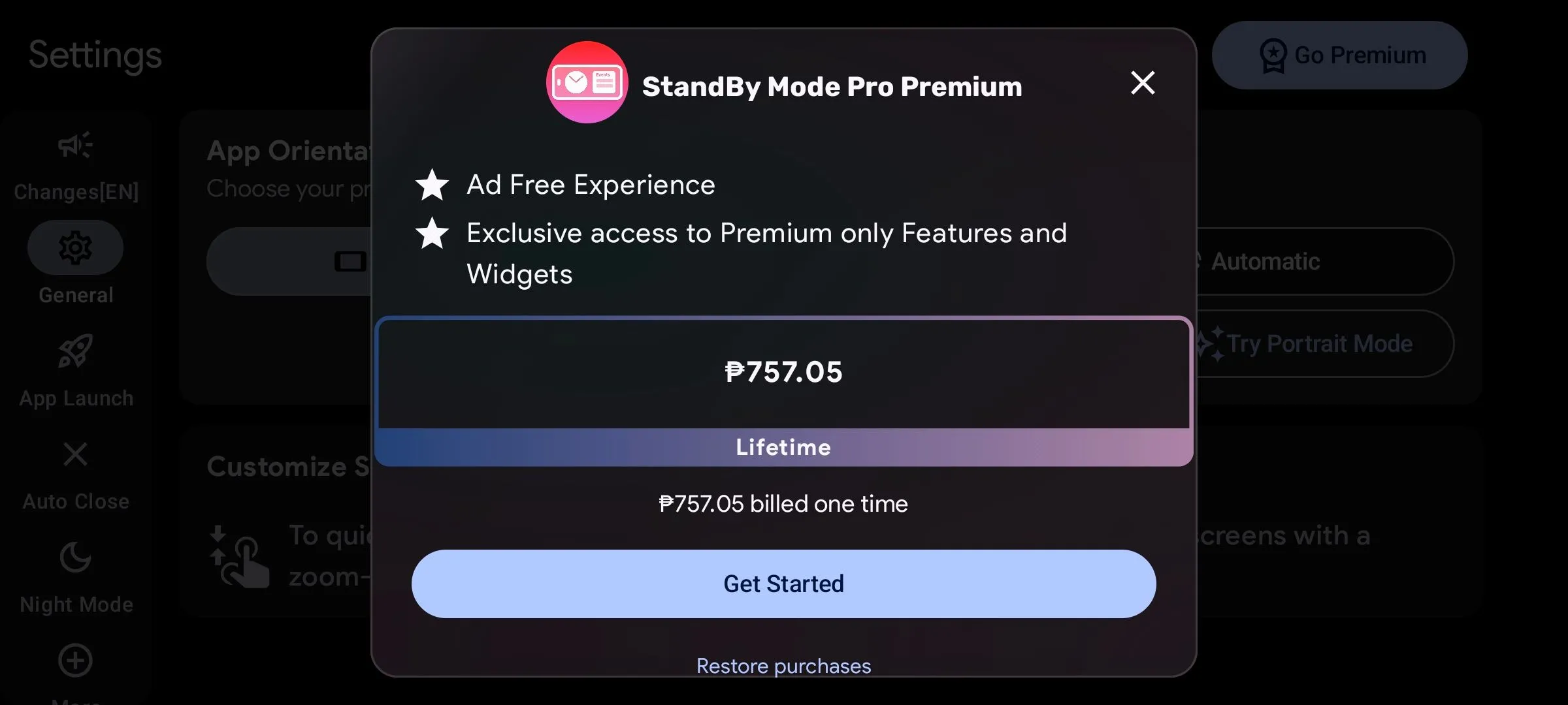Giao diện mua gói cao cấp trọn đời của ứng dụng StandBy Mode Pro trên Android