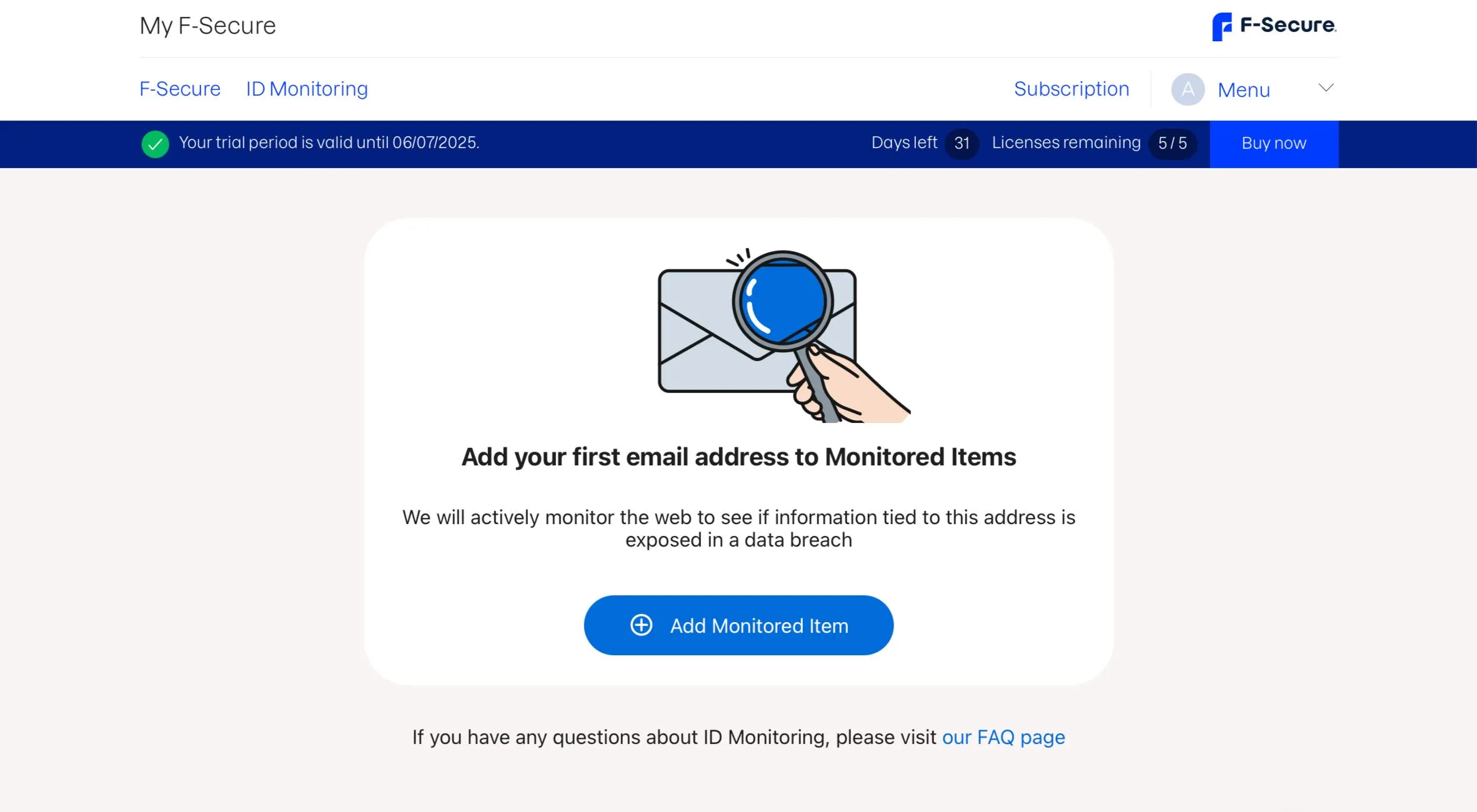 Giao diện mục giám sát ID trong F-Secure, nơi người dùng có thể thêm các thông tin cá nhân để kiểm tra trên dark web. Từ khóa: thiết lập giám sát dark web, thêm email F-Secure.