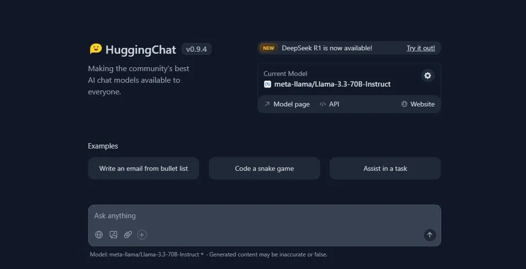Giao diện người dùng của HuggingChat, một nền tảng AI bên thứ ba, cho thấy cách các dịch vụ này tương tác với API của OpenAI để cung cấp trải nghiệm trò chuyện mà không lưu vào bộ nhớ tài khoản ChatGPT.