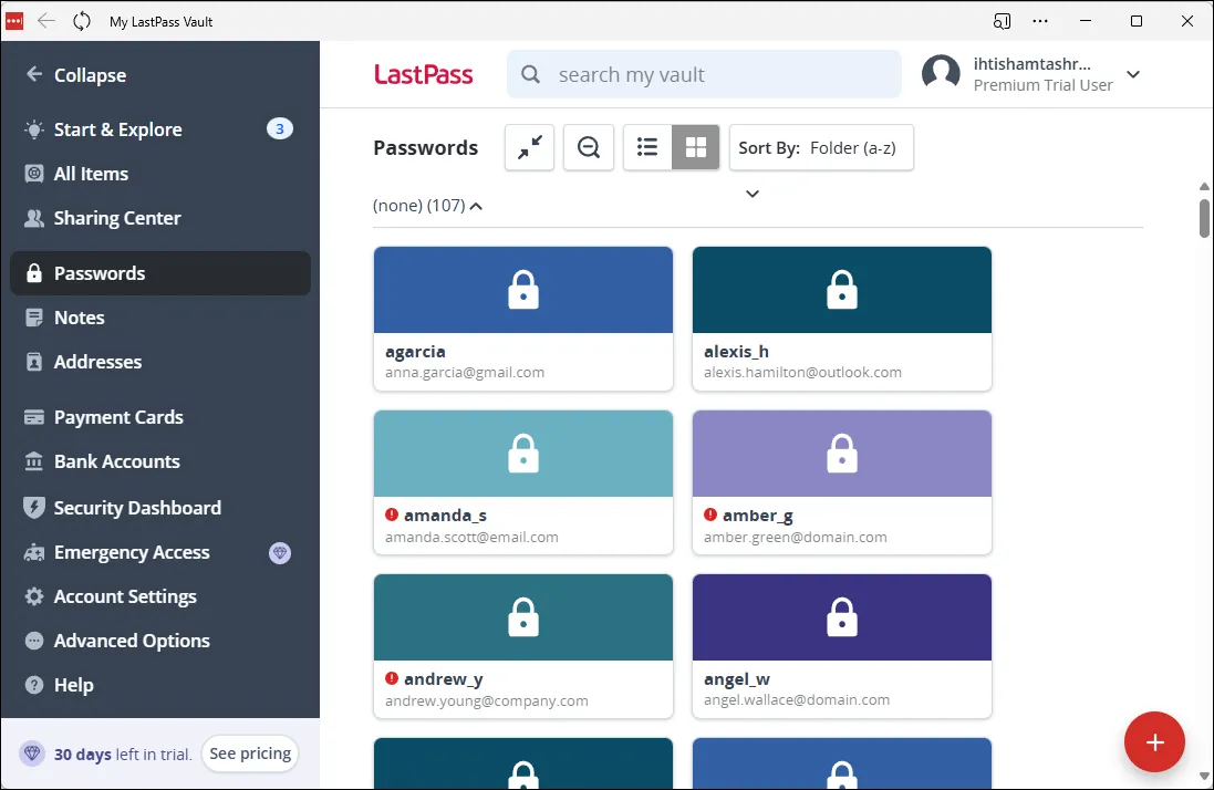 Giao diện người dùng của LastPass, một trình quản lý mật khẩu với nhiều tính năng nâng cao.
