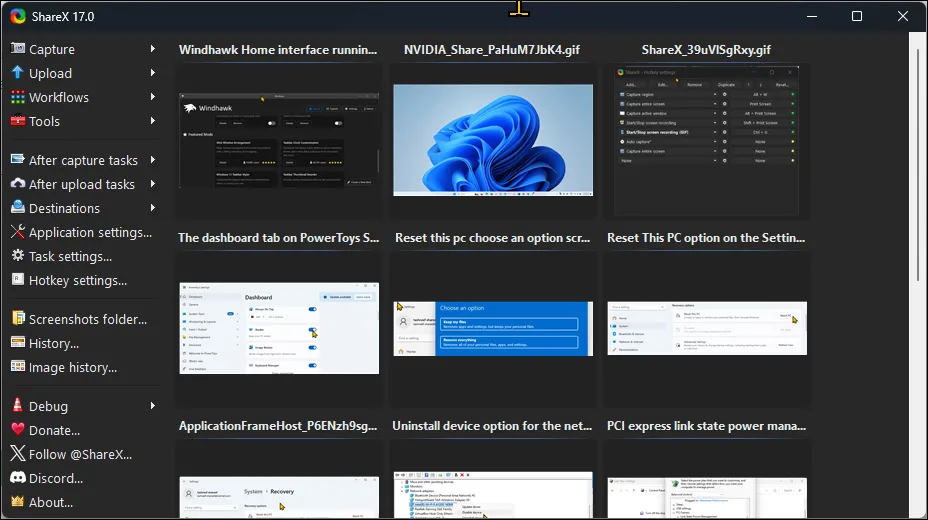 Giao diện người dùng của ShareX trên Windows 11, công cụ chụp màn hình.